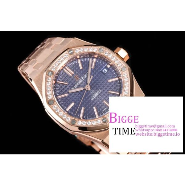 Lady Royal Oak 33mm RG ZF 1:1 Best Edition Blue Dial Diamonds Bezel on RG Bracelet Swiss Quartz - Image 5