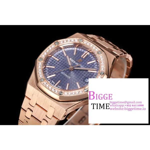Lady Royal Oak 33mm RG ZF 1:1 Best Edition Blue Dial Diamonds Bezel on RG Bracelet Swiss Quartz - Image 3