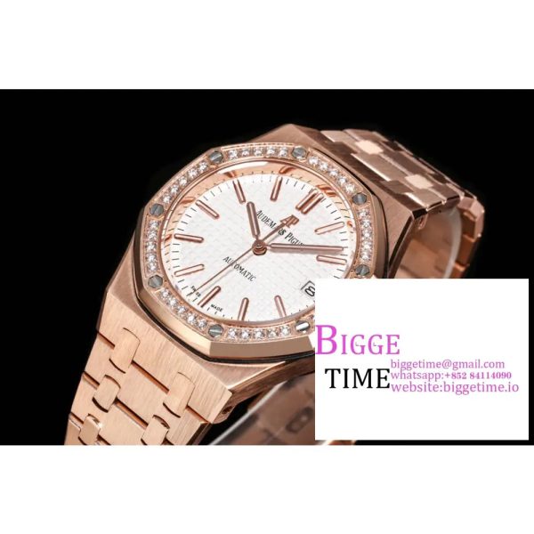 Lady Royal Oak 33mm RG ZF 1:1 Best Edition White Dial Diamonds Bezel on RG Bracelet Swiss Quartz - Image 2