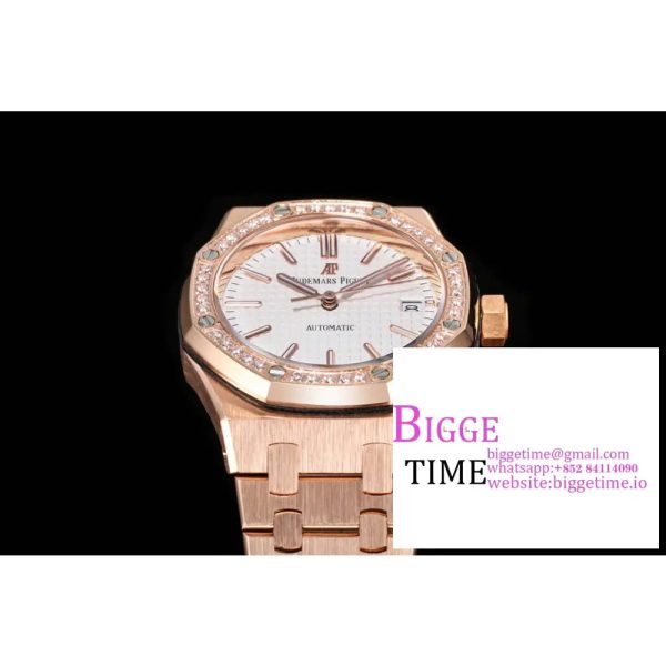 Lady Royal Oak 33mm RG ZF 1:1 Best Edition White Dial Diamonds Bezel on RG Bracelet Swiss Quartz - Image 5