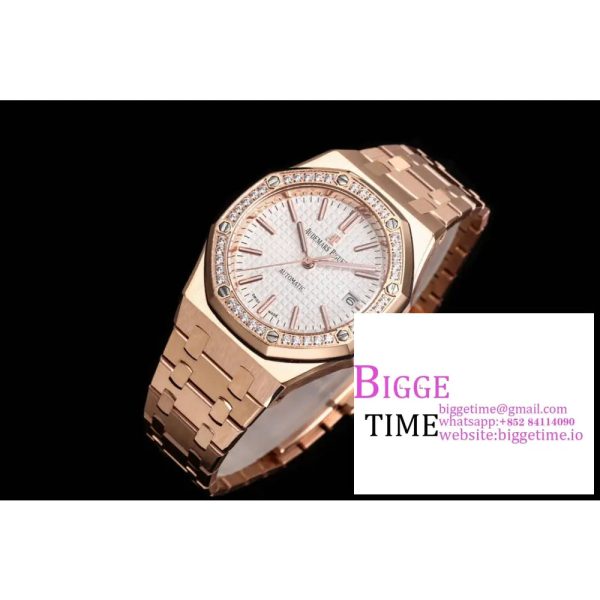Lady Royal Oak 33mm RG ZF 1:1 Best Edition White Dial Diamonds Bezel on RG Bracelet Swiss Quartz - Image 4