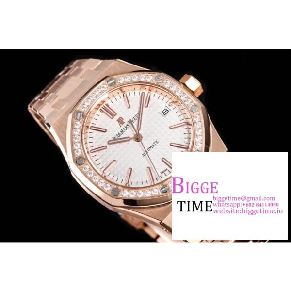 Lady Royal Oak 33mm RG ZF 1:1 Best Edition White Dial Diamonds Bezel on RG Bracelet Swiss Quartz - Image 3