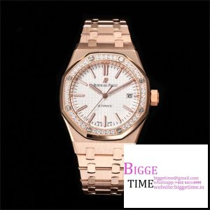 Lady Royal Oak 33mm RG ZF 1:1 Best Edition White Dial Diamonds Bezel on RG Bracelet Swiss Quartz