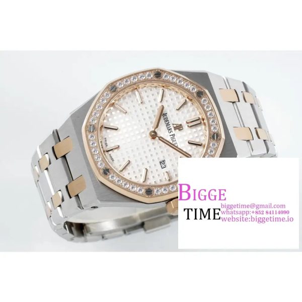 Lady Royal Oak 33mm SS/RG ZF 1:1 Best Edition White Dial Diamonds Bezel on SS/RG Bracelet Swiss Quartz - Image 4