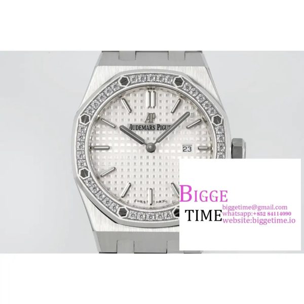 Lady Royal Oak 33mm SS ZF 1:1 Best Edition White Dial Diamonds Bezel on SS Bracelet Swiss Quartz - Image 2