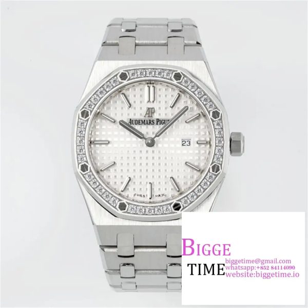 Lady Royal Oak 33mm SS ZF 1:1 Best Edition White Dial Diamonds Bezel on SS Bracelet Swiss Quartz