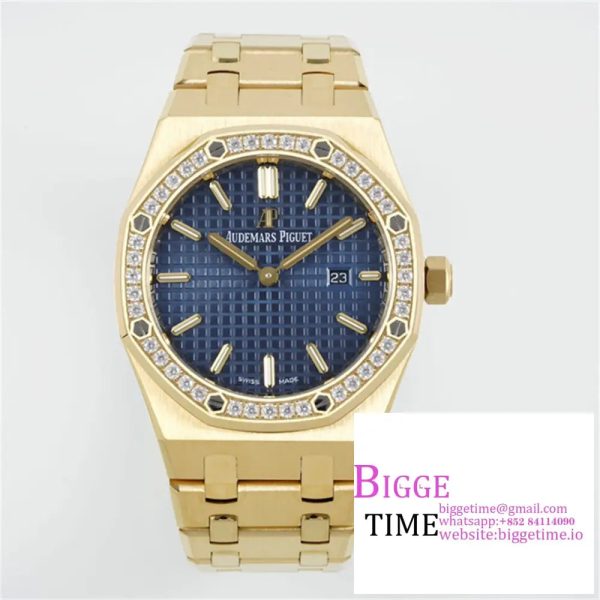 Lady Royal Oak 33mm YG ZF 1:1 Best Edition Blue Dial Diamonds Bezel on YG Bracelet Swiss Quartz