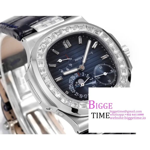 Nautilus 5712 SS PPF 1:1 Best Edition Blue Dial Diamonds Bezel on Black Leather Strap A240 Super Clone V2 - Image 5