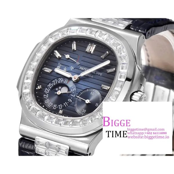Nautilus 5712 SS PPF 1:1 Best Edition Blue Dial Diamonds Bezel on Black Leather Strap A240 Super Clone V2 - Image 3