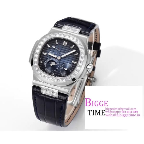 Nautilus 5712 SS PPF 1:1 Best Edition Blue Dial Diamonds Bezel on Black Leather Strap A240 Super Clone V2 - Image 4