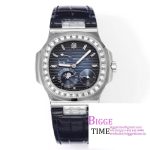 Nautilus 5712 SS PPF 1:1 Best Edition Blue Dial Diamonds Bezel on Black Leather Strap A240 Super Clone V2