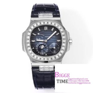 Nautilus 5712 SS PPF 1:1 Best Edition Blue Dial Diamonds Bezel on Black Leather Strap A240 Super Clone V2