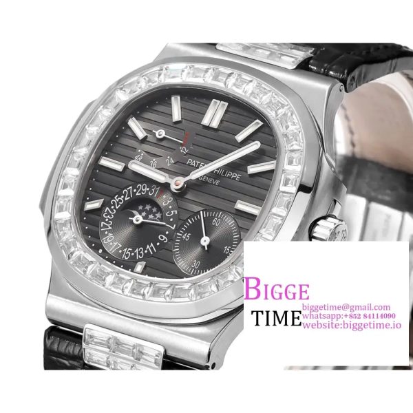 Nautilus 5712 SS PPF 1:1 Best Edition Gray Dial Diamonds Bezel on Black Leather Strap A240 Super Clone V2 - Image 3