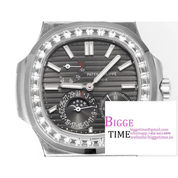 Nautilus 5712 SS PPF 1:1 Best Edition Gray Dial Diamonds Bezel on Black Leather Strap A240 Super Clone V2 - Image 4