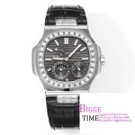 Nautilus 5712 SS PPF 1:1 Best Edition Gray Dial Diamonds Bezel on Black Leather Strap A240 Super Clone V2