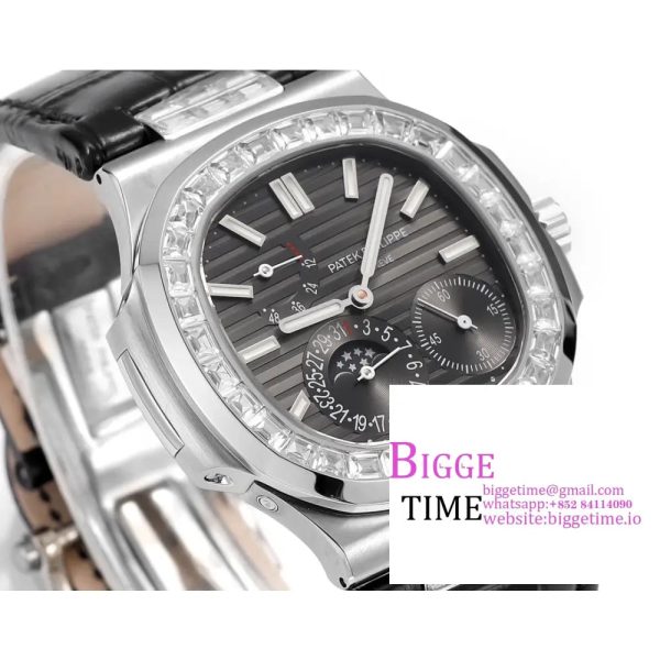 Nautilus 5712 SS PPF 1:1 Best Edition Gray Dial Diamonds Bezel on Black Leather Strap A240 Super Clone V2 - Image 2