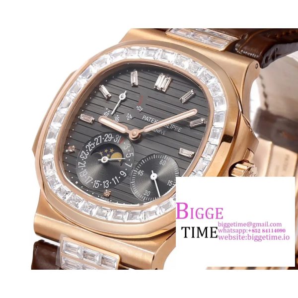 Nautilus 5724 40mm Diamond Bezel RG Grey Dial Brown Leather Strap PPF A240SC - Image 5