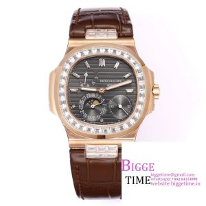 Nautilus 5724 40mm Diamond Bezel RG Grey Dial Brown Leather Strap PPF A240SC