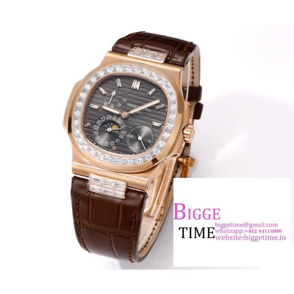 Nautilus 5724 40mm Diamond Bezel RG Grey Dial Brown Leather Strap PPF A240SC - Image 2