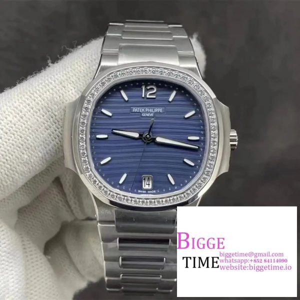 Nautilus 7118 Ladies 3KF 1:1 Best Edition Blue Dial Diamonds Bezel on SS Bracelet A324