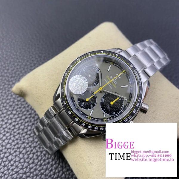 Omega HRF Speedmaster Racing Chronograph 40 Yellow Hands Gray Dial Black Tachymeter Bezel on SS Bracelet C3330 - Image 4