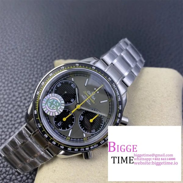 Omega HRF Speedmaster Racing Chronograph 40 Yellow Hands Gray Dial Black Tachymeter Bezel on SS Bracelet C3330 - Image 7