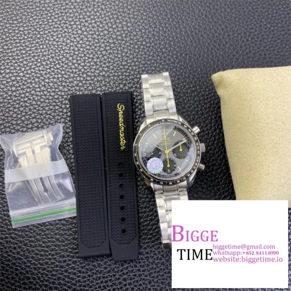 Omega HRF Speedmaster Racing Chronograph 40 Yellow Hands Gray Dial Black Tachymeter Bezel on SS Bracelet C3330 - Image 8