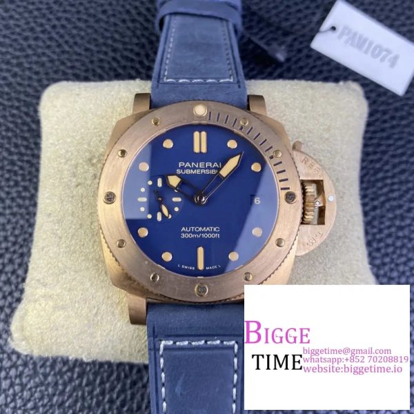 PAM1074 Submersible QuarantaQuattro Bronze VSF 1:1 Best Version Blue Dial on Leather Strap P900