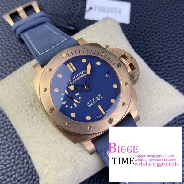 PAM1074 Submersible QuarantaQuattro Bronze VSF 1:1 Best Version Blue Dial on Leather Strap P900 - Image 5