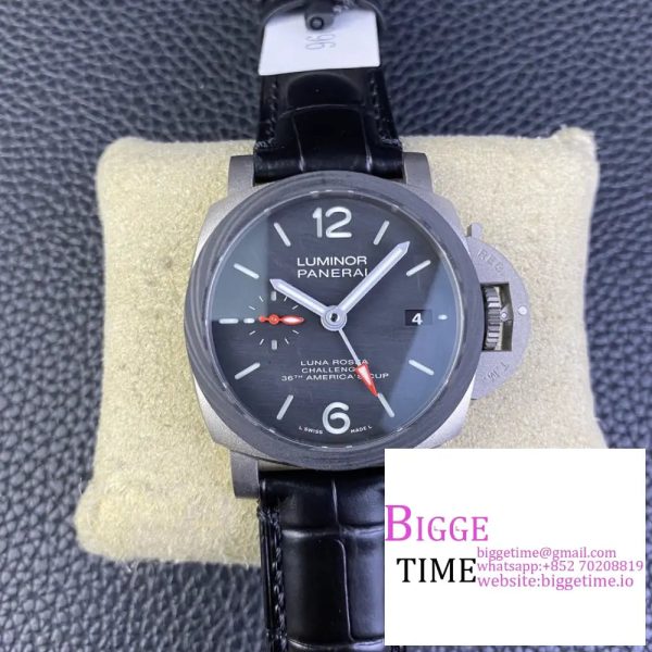 PAM1096 W Luminor GMT 42mm Titanium VSF 1:1 Best Edition Black Dial on Black Leather Strap P.9011