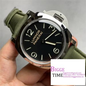 PAM606 Luminor 47mm HWF 1:1 Best Edition Black Dial on Green Nylon Cladded Leather Strap A6497