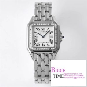 Panthère Ladies 27mm SS AF 1:1 Best Edition White Dial Diamonds Bezel on SS Bracelet Ronda Quartz