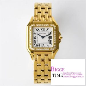 Panthère Ladies 27mm YG AF 1:1 Best Edition White Dial Diamonds Bezel on YG Bracelet Ronda Quartz