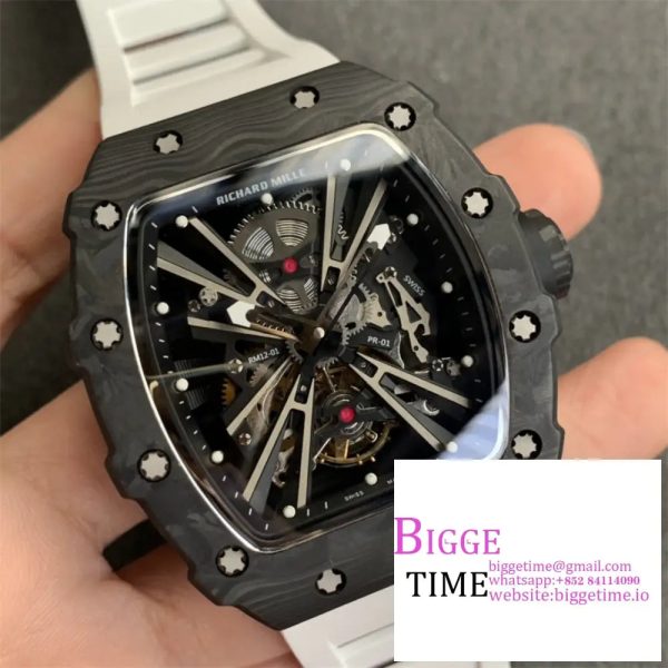 RM012 Transparent Tourbillon NTPT Skeleton Dial Black Crown White Rubber Strap KVF Tourb - Image 4