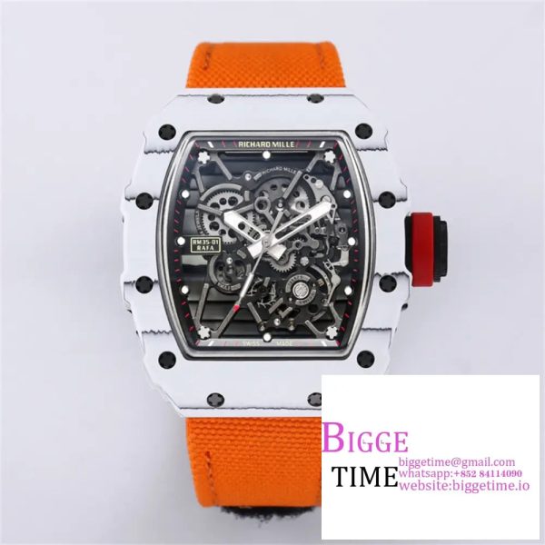 RM035 White Real NTPT Skeleton Dial Red Crown Orange Rubber Strap RMF NH05A