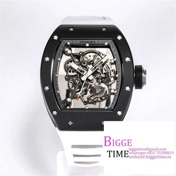 RM055 Black Ceramic Skeleton Dial Black Crown White Rubber Strap BBRF RMUL2