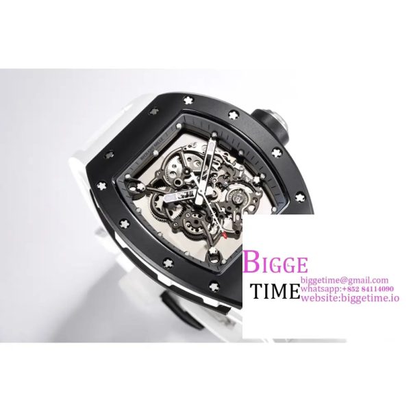 RM055 Black Ceramic Skeleton Dial Black Crown White Rubber Strap BBRF RMUL2 - Image 3