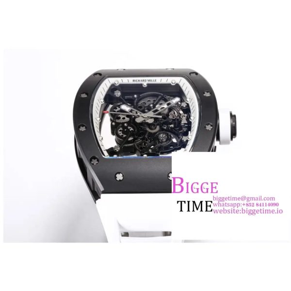 RM055 Black Ceramic Skeleton Dial White Crown White Rubber Strap BBRF RMUL2 - Image 4