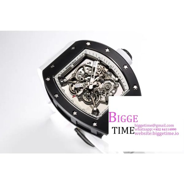 RM055 Black Ceramic Skeleton Dial White Crown White Rubber Strap BBRF RMUL2 - Image 3