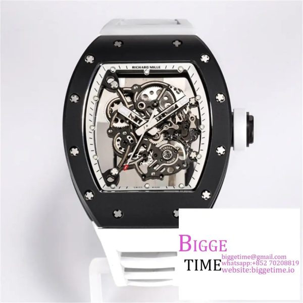 RM055 Black Ceramic Skeleton Dial White Crown White Rubber Strap BBRF RMUL2