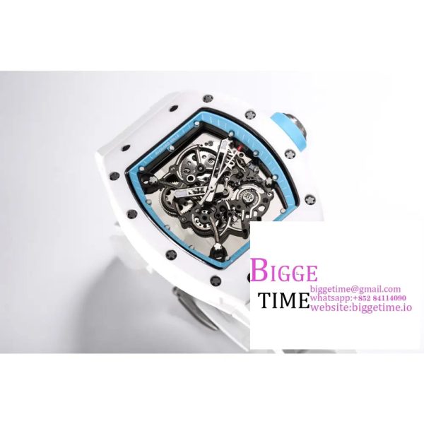 RM055 White Ceramic Skeleton Dial Blue Crown White Rubber Strap BBRF RMUL2 - Image 2