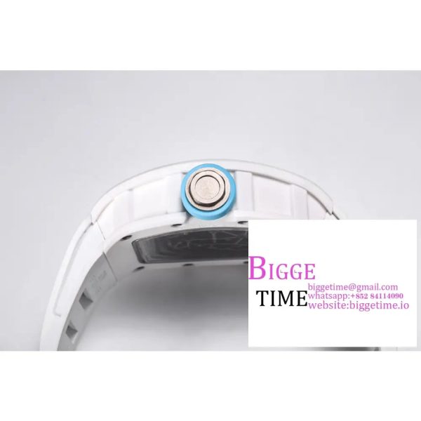 RM055 White Ceramic Skeleton Dial Blue Crown White Rubber Strap BBRF RMUL2 - Image 7