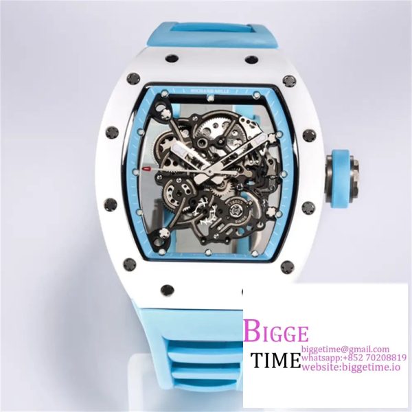 RM055 White Ceramic Skeleton Dial Blue Crown Blue Rubber Strap BBRF RMUL2