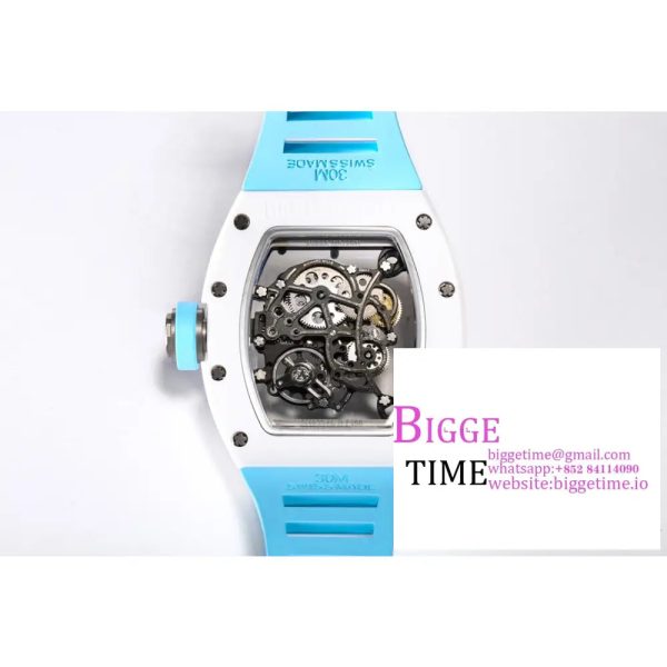 RM055 White Ceramic Skeleton Dial Blue Crown Blue Rubber Strap BBRF RMUL2 - Image 4