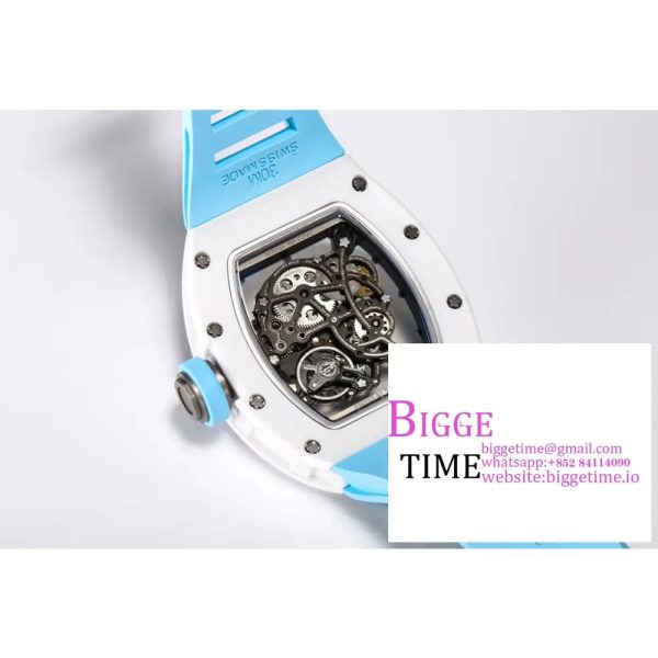 RM055 White Ceramic Skeleton Dial Blue Crown Blue Rubber Strap BBRF RMUL2 - Image 9