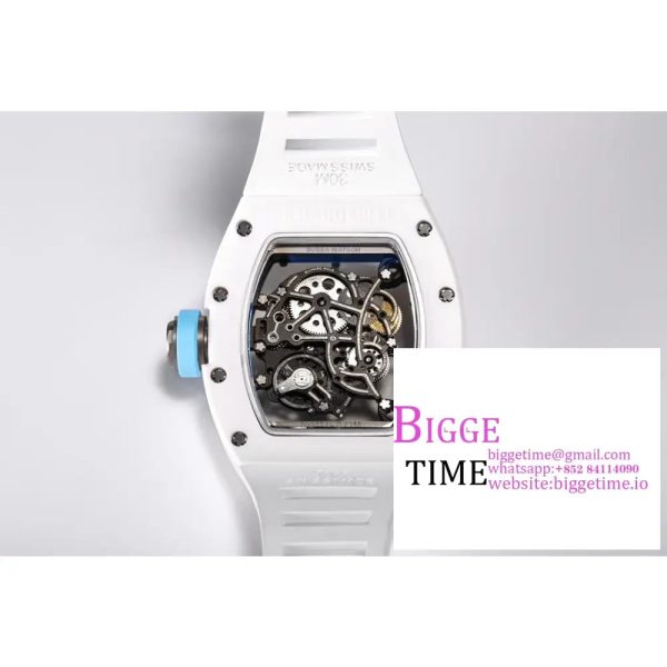 RM055 White Ceramic Skeleton Dial Blue Crown White Rubber Strap BBRF RMUL2 - Image 3
