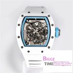 RM055 White Ceramic Skeleton Dial Blue Crown White Rubber Strap BBRF RMUL2