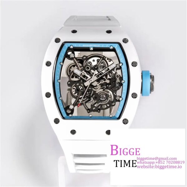 RM055 White Ceramic Skeleton Dial Blue Crown White Rubber Strap BBRF RMUL2