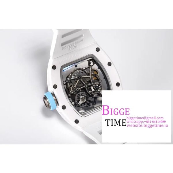 RM055 White Ceramic Skeleton Dial Blue Crown White Rubber Strap BBRF RMUL2 - Image 9