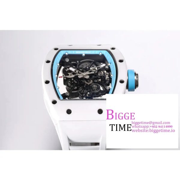 RM055 White Ceramic Skeleton Dial Blue Crown White Rubber Strap BBRF RMUL2 - Image 4